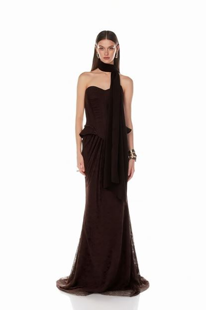 Brown Strapless Corset Lace Evening Dress